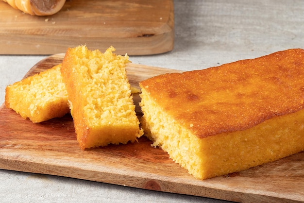 Focus on corn cake on cutting board