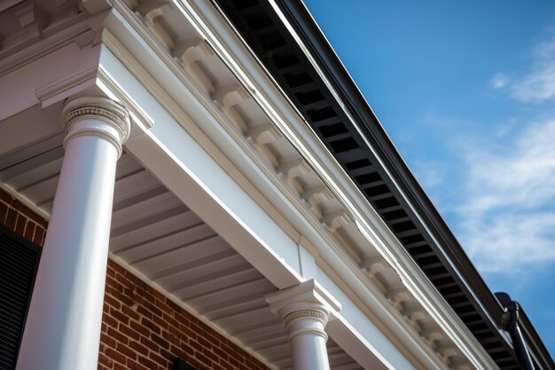 Focus on the deep eaves on a brick italianate building