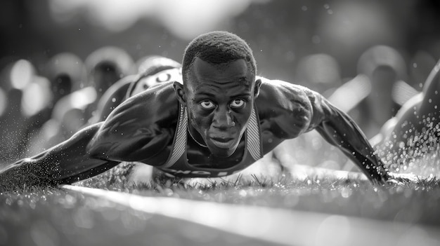 Focus and determination etched in every line of a sprinters face as they prepare to explode out of