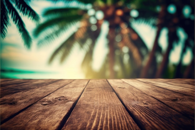 코코넛과 야자나무 배경이 흐릿한 빈 나무 테이블에 초점을 맞춥니다.