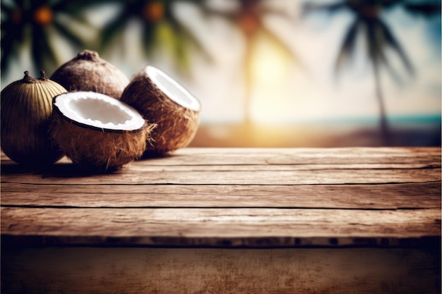 Сосредоточьтесь на пустом деревянном столе с размытым фоном кокоса и пальмы