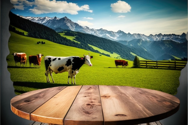 Focus empty wood table with blurred natural tree and cow with meadow background