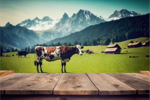 Focus empty wood table with blurred natural tree and cow with meadow background