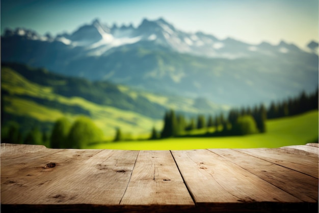 Focus empty wood table with blurred natural tree meadow background