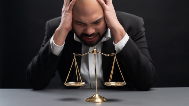 Focus gavel with blur lawyer sitting at his desk and worried equility