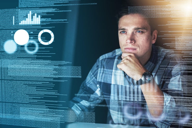 Photo focus hologram and man with programming digital software and cyber security with database research and charts male person coder and programmer with data analysis holographic and innovation