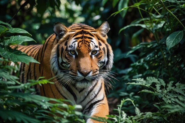 Сосредоточьтесь на интенсивном взгляде тигра, бродящегося среди пышной листьев