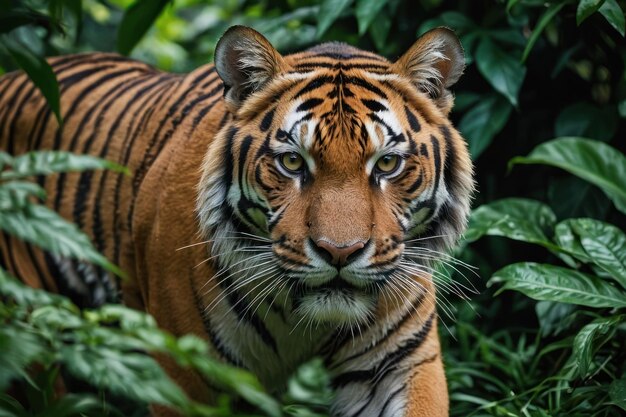 Focus on the intense gaze of a prowling tiger amidst lush foliage
