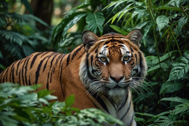 Photo focus on the intense gaze of a prowling tiger amidst lush foliage