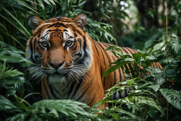 Focus on the intense gaze of a prowling tiger amidst lush foliage