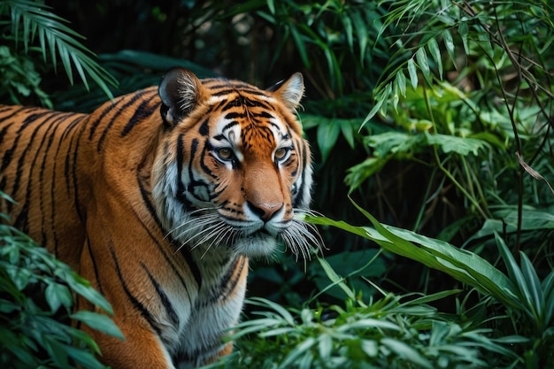 Focus on the intense gaze of a prowling tiger amidst lush foliage