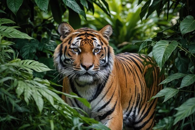 Focus on the intense gaze of a prowling tiger amidst lush foliage