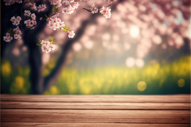 Focus lege houten tafel in kersen bloesem bloem met vage boom achtergrond