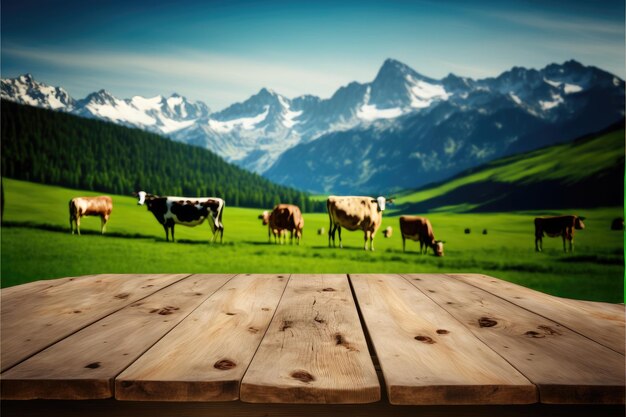 Focus lege houten tafel met wazig natuurlijke boom en koe met weide achtergrond