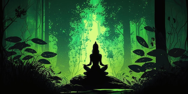 In focus long hair Woman in lotus pose in sillhouette practicing yoga in green forest