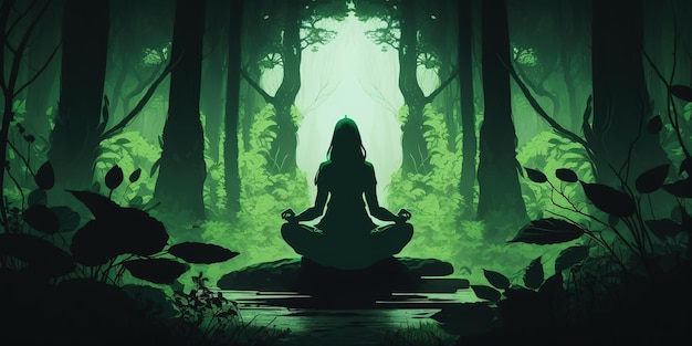 緑の森でヨガを練習している sillhouette でロータス ポーズでフォーカスの長い髪の女性