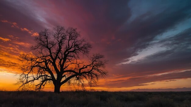 Focus on the majestic silhouette of a lone tree against the backdrop of a colorful sunset