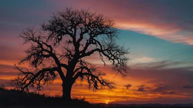 Focus on the majestic silhouette of a lone tree against the backdrop of a colorful sunset