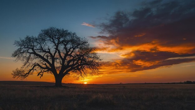 Focus on the majestic silhouette of a lone tree against the backdrop of a colorful sunset