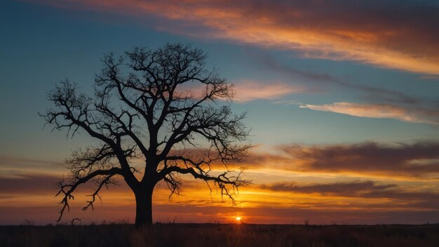 Focus on the majestic silhouette of a lone tree against the backdrop of a colorful sunset