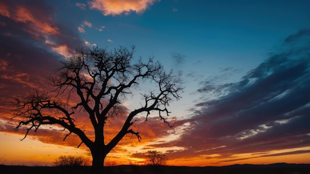 カラフルな日没の背景に 孤独な木の壮大なシルエットに焦点を当てて