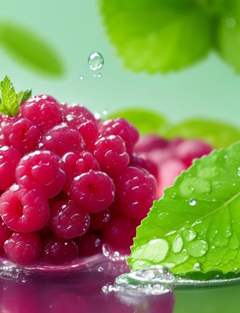 Focus op mint raspberries en waterdruppels op een gezellige, wazige achtergrond.