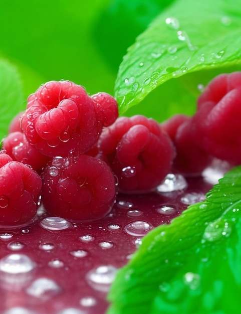 Focus op mint raspberries en waterdruppels op een gezellige, wazige achtergrond.