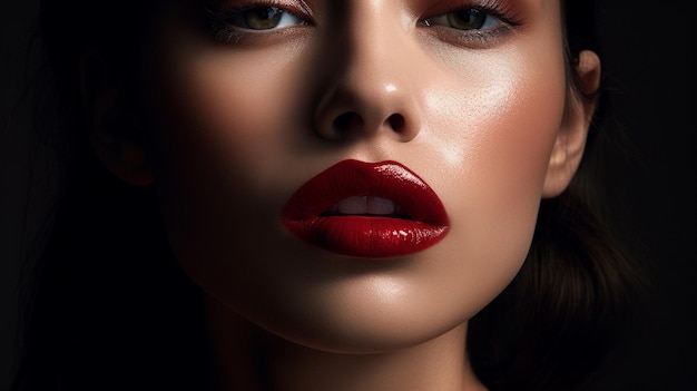 写真の焦点は、光沢のある口紅を塗った唇にあります 生成 AI 画像