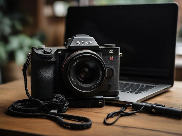 focus photography black Sony camera body near MacBook Pro