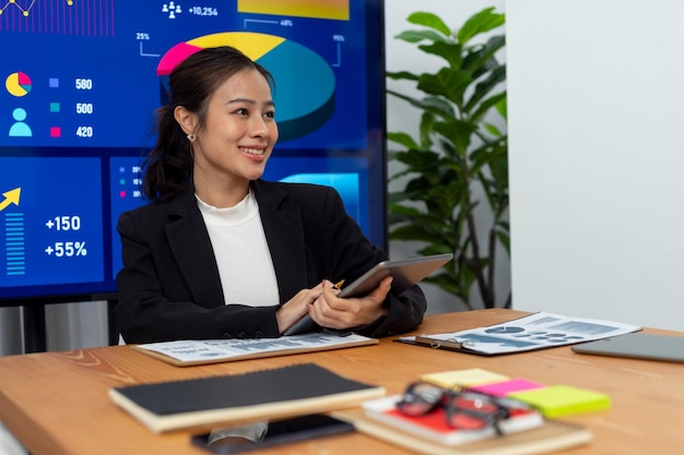 Focus portrait of asian female manger with blurred background in harmony