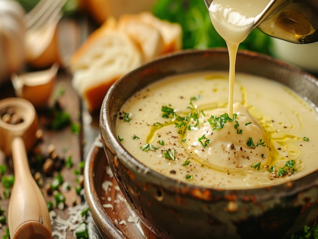 Focus on the pouring of creamy soup into a bowl for serving Photography ar 169 Job ID 5007ba1a83534d