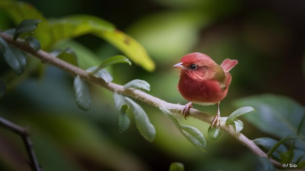 Focus selective shot of a small red bird sitting on a branch