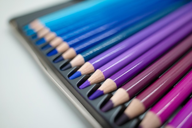 Focus sets of color pencils in pencil case on a white background