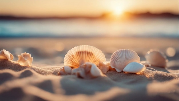 Focus on shells and corals on the sand Blurry blue sea with bokeh and sunlight in summer Generative AI