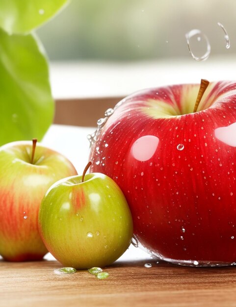 Photo focus shot of apples and water drop on cozy blurred background