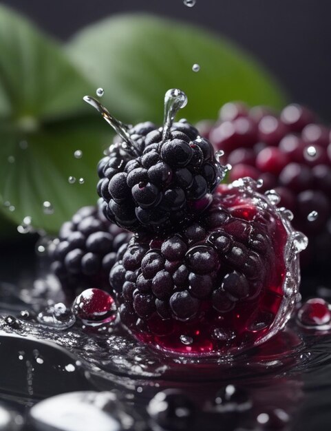Photo focus shot of blackberrys and water drop on cozy blurred background