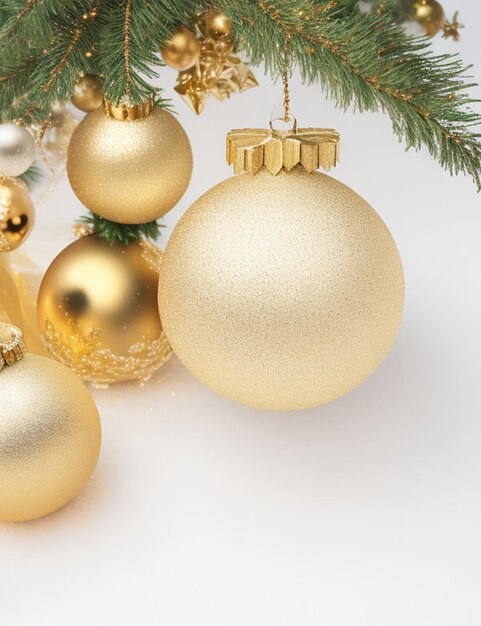 Photo focus shot of christmas golden decoration on white on cozy blurred background