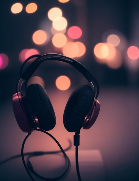 Focus shot of earphones on cozy blurred background nighttime Premium AI generated image
