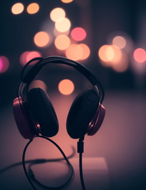 focus shot of earphones on cozy blurred background nighttime