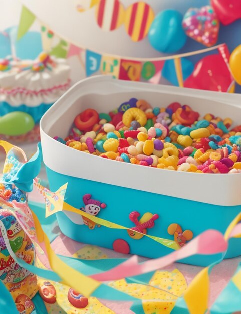 focus shot of Elevated view of birthday gifts bunting and froot loops candies