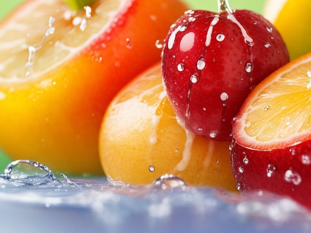 focus shot of fruits and water drop on cozy blurred background