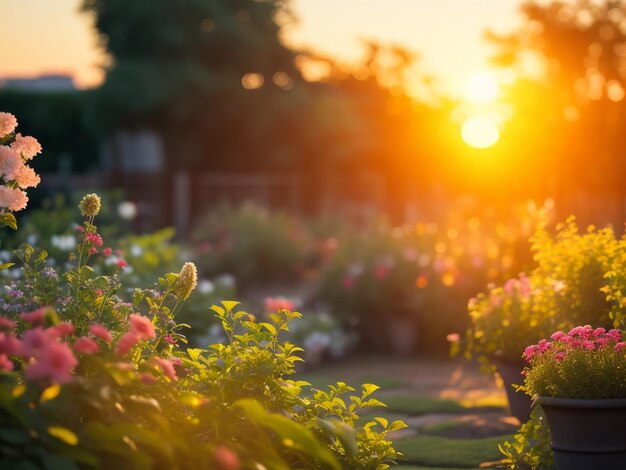 focus shot of garden and sunset on cozy blurred background