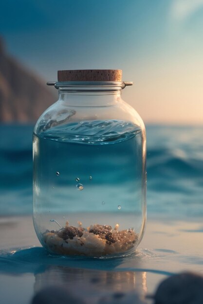 Foto focalizzazione di un barattolo di vetro che galleggia in mezzo al mare su uno sfondo sfocato accogliente
