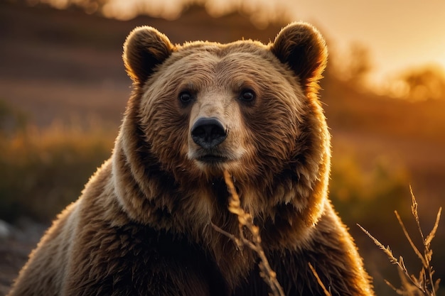 Foto fotografia focalizzata di un orso meloso al tramonto