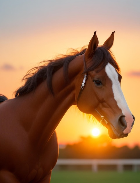 focus shot of horse on cozy blurred background sunset