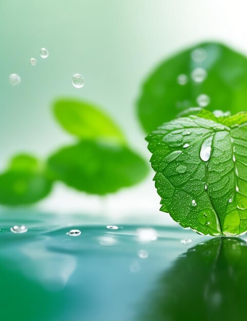 focus shot of mint leaves and water drop on cozy blurred background