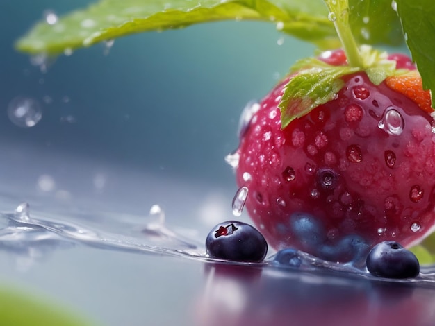 focus shot of mix berry and water drop on cozy blurred background