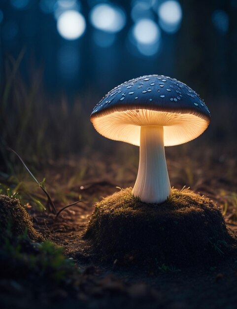 focus shot of Mushroom growing on ground on cozy blurred background nighttime