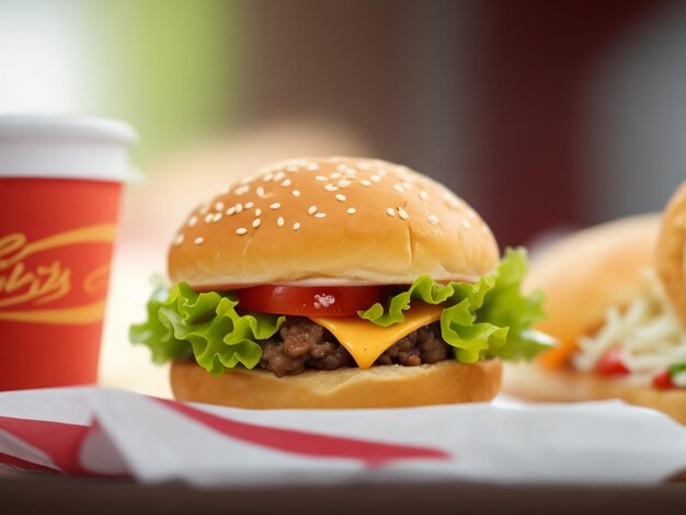Фото Фокус на фастфуд, жареную курицу, гамбургер, картошку фри на уютном размытом фоне.