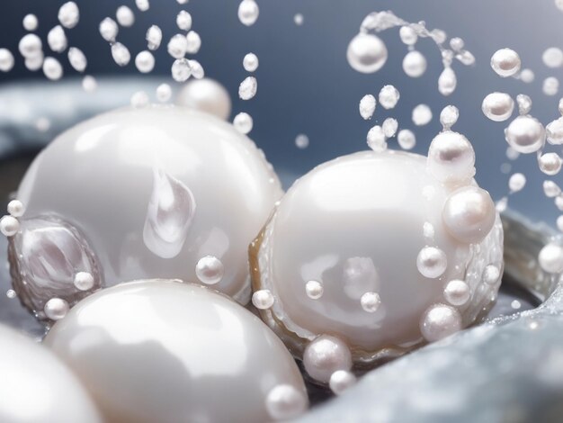 Photo focus shot of pearls in pearl oysters and water drop on cozy blurred background